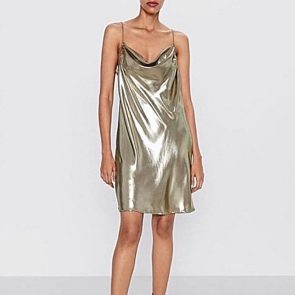 New Zara Metallic Gold Cowl Neck Slip Dress